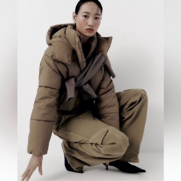 Zara Denim High Waist Full Length Wide Leg Dark Khaki Cargo Blogger Favorite - Picture 11 of 11